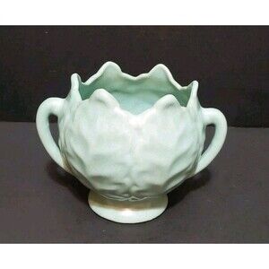 Planter Vase Monmouth Cabbage Leaf Mint Green Matte Glaze Handled Pottery Vtg